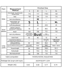 Detailed size guide for 3-piece loungewear set including robe, dress, and pants measurements