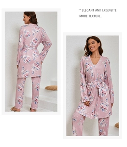 Front and back view of pink floral pajama set with robe and matching long trousers