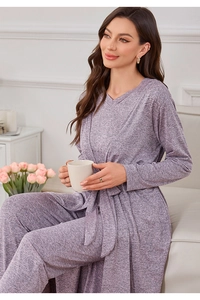 Close-up of lilac V-neck loungewear set featuring soft marled knit texture for women