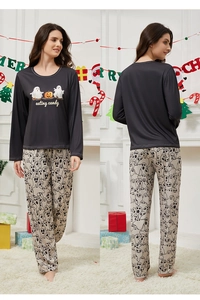 Detail view of long-sleeved Halloween pajama set with ghost prints and round neckline