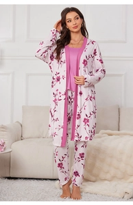 Detailed view of women's 3-piece floral sleepwear set with purple trim and soft knit fabric