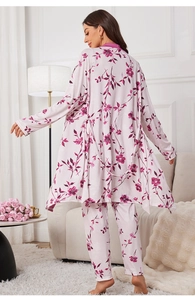 Three-piece women's loungewear set with floral print robe, camisole, and loose trousers