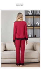 Detailed back view of dry rose loungewear with delicate black lace trim on sleeves and hem