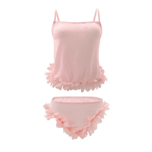 Completo intimo rosa sexy con canotta a spalline e bordo floreale con volant