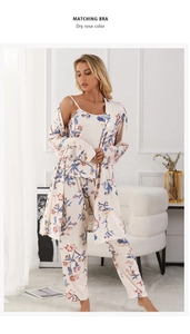 Three-piece floral pajama set with robe, camisole and pants in dry rose floral pattern