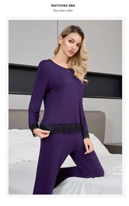 Detailed lace hem on long-sleeve modal pajamas in dry rose color for women