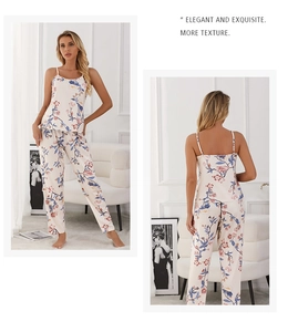 Three-piece pajama set featuring floral print camisole and long pants in cream white