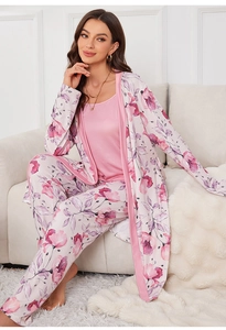 Detailed view of three-piece women's floral pajamas set with robe and floral print pants
