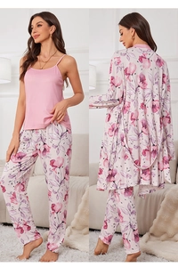 Three-piece floral pajama set featuring a pink camisole, printed pants, and long robe
