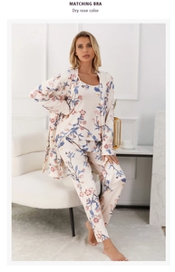 Detail of dry rose floral 3-piece pajama set including matching bra and long pants