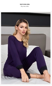 Deep purple modal lounge set for women featuring delicate black lace trim on sleeves