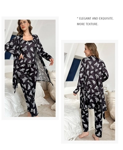 Three-piece pajama set featuring butterfly print with camisole, trousers and belted robe