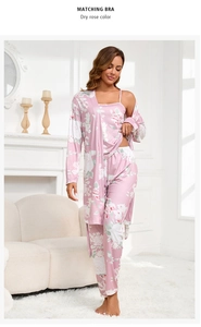Three-piece floral pajama set with silk-like robe, camisole and pants in dry rose color
