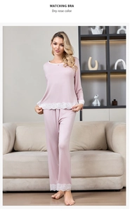 Close-up of the delicate white lace trim on dry rose pink modal cotton pajama set