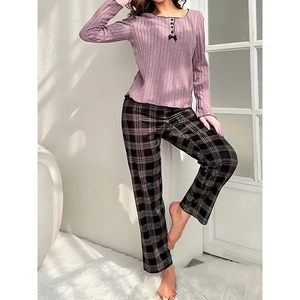 Damen Casual Polyester Loungewear Oberteil und Hose Geripptes Langarm-Oberteil und Karierte Hose Frühling Herbst Winter Home Wear