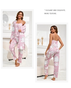Detailed floral pajama set including camisole, pants, and matching elegant robe