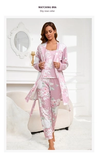 Matching three-piece pajama set in dry rose color with white floral prints and robe