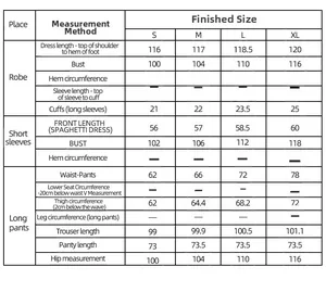 Tableau des tailles pour peignoir, manches courtes et pantalon de S à XL