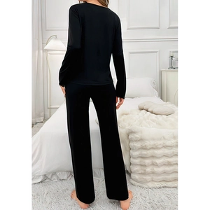 Ensemble pyjama femme noir en coton avec col en V dentelle et pantalon décontracté
