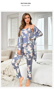 Three-piece dry rose floral pajama set with camisole, pants, and long-sleeved robe