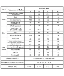 Size chart for women's 3-piece knit pajama set including robe, sling, and long pants