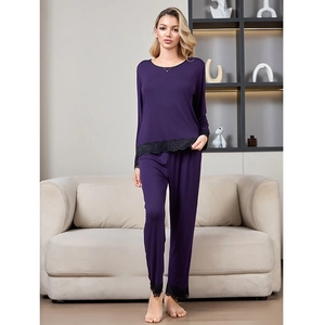 Women Modal Lace Pajama Top And Bottom Elegant Round Neck Long Sleeve Comfortable Home Sleepwear Plus Size Loungewear