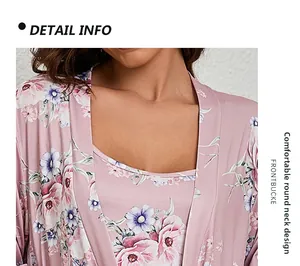 Detail view of the comfortable round neckline on this floral cotton three-piece pajama set