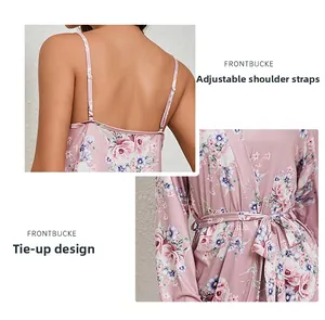 Detail of adjustable shoulder straps and waist tie on pink floral cotton pajama set