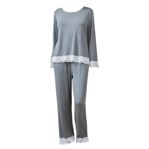 Grey modal cotton lounge set for women featuring delicate white lace trim on sleeves and hem