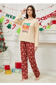 Cozy Christmas pajamas set with cartoon bear print and festive reindeer pattern trousers