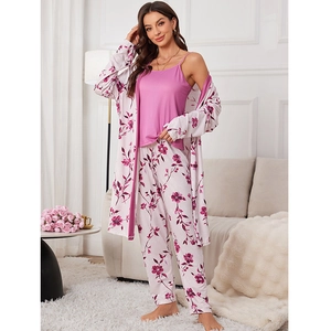 Three-piece women pajama set with floral robe, trousers and pink camisole lounge wear
