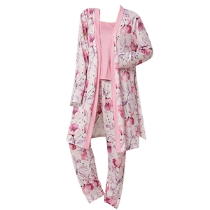 Ensemble de pyjama 3 pièces pour femmes rose à fleurs avec peignoir et pantalon