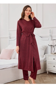 Close-up of knit fabric texture and waist tie on burgundy women pajama set