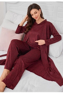 Three-piece loungewear set in heathered burgundy featuring cardigan, top and trousers