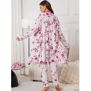 Three-piece floral pajama set with long robe and trousers in light pink and purple print