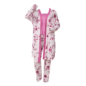 Women's 3-piece floral pajama set with robe, camisole and pants in elegant pink and white