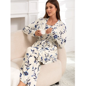 Women Floral Print Three Piece Pajamas With Robe Camisole And Long Pants Milk Silk Knit Loungewear Sleepwear Nightwear