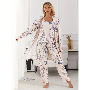 Women's 3-piece floral pajama set with camisole, pants and robe in silky cream fabric