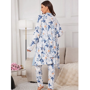 Ensemble de pyjama 3 pièces pour femme avec peignoir et pantalon à imprimé floral