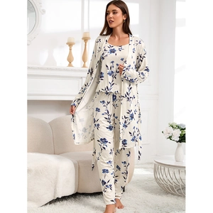 Three-piece floral knit cotton women's pajama set with cami top, pants and robe