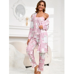 Women's 3-piece floral pajama set with satin robe, camisole and pants in light pink