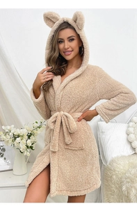 Detail of plush fleece bathrobe featuring a hood with cute animal ears and a waist tie