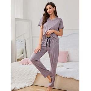 Ensemble de Détente Femme T-Shirt Col en V Pantalon Long et Peignoir Pyjama Doux Chiné Vêtements de Nuit Confortables