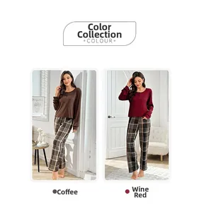 Détail de l'ensemble haut côtelé et pantalon à carreaux en coloris café et bordeaux