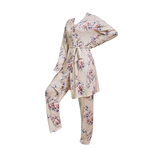 Three-piece beige floral cotton pajama set with kimono robe and matching long trousers