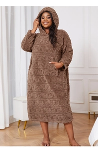 Detail of plush brown hooded nightgown with geometric texture and warm large pocket
