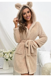Detail of plush beige hooded bathrobe featuring cute bear ears and soft teddy fleece fabric