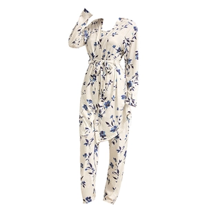 Women's two-piece floral knit cotton pajama set with long sleeve robe and pants