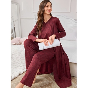 Ensemble homewear 3 pièces bordeaux avec cardigan et pantalon en maille extensible