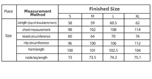 Detailed size chart for women's pajamas including top length, bust, waist, and hip measures